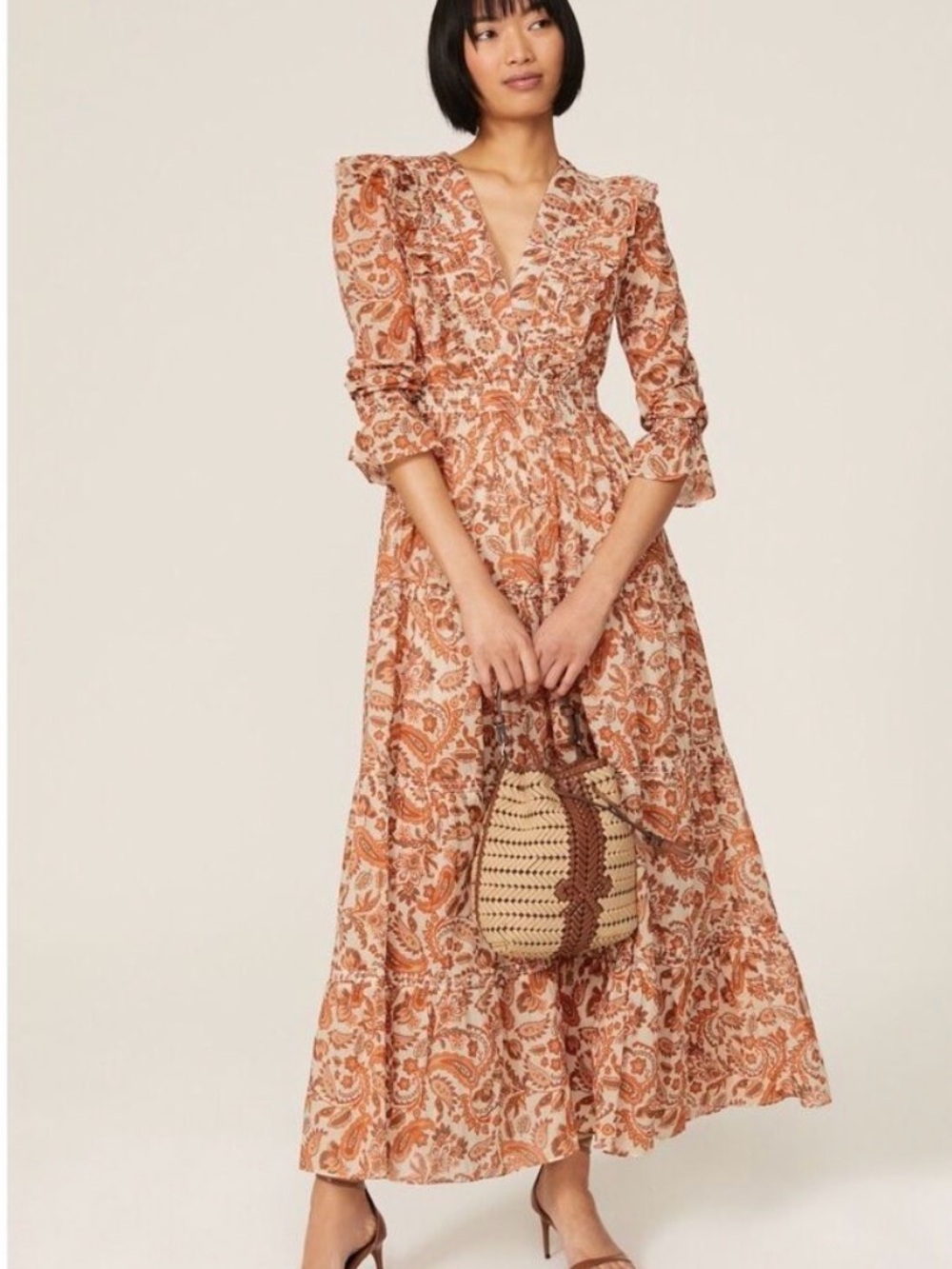 Maje Printed Cotton Paisley Maxi Dress Orange Ruffle V-Neck Size 38 / US Medium